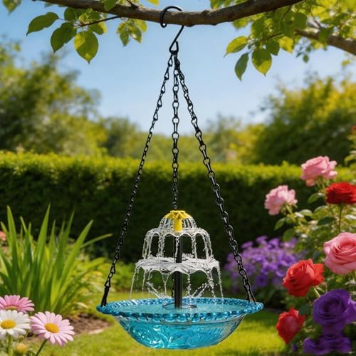 2026 New Solar Cascade Hanging Bird Bath Fountain, 3 Layers Outdoor Water Feature, Outdoor Hanging Bird Bath with Solar Fountain, with Solar Pump & Glass Bowl, for Outdoor, Gardens (Blue) - Image 5