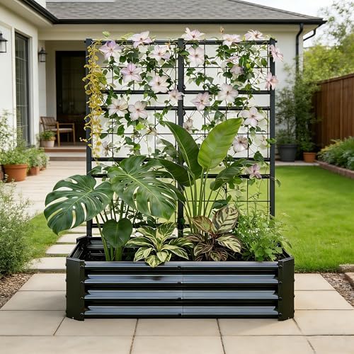 Galvanized Raised Garden Bed with Trellis for Climbing Plants Outdoor,Black - Image 6