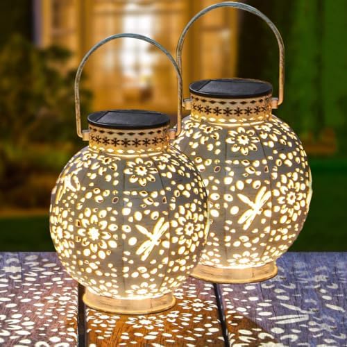 2-Pack Solar Lantern Outdoor Hanging Lights Waterproof Metal LED Decorative Lights with Shadow Casting for Patio Garden Yard Tabletop（White） by HSEAREA