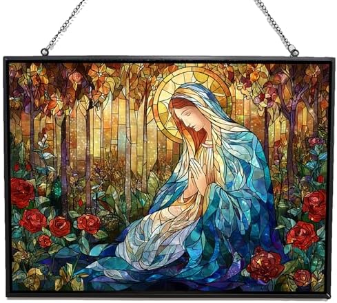 Customized Rectangle Sacred Christmas Holy Mary in Rose Forest Suncatchers for Windows, Stained Glass Window Hangings,Hand-Painted Glass Panel Perfect for Home Décor by HYPESTYLE