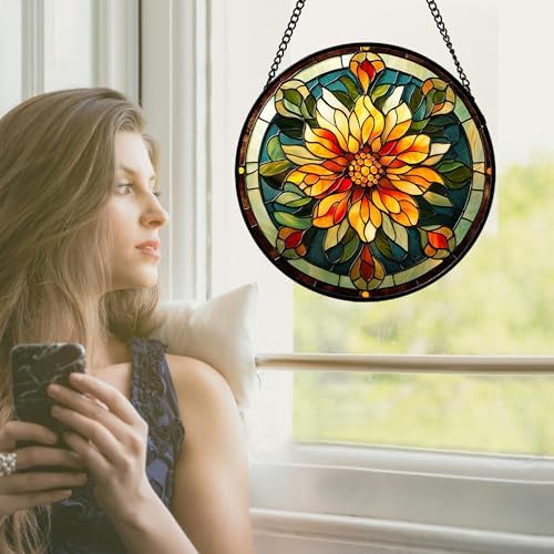Stained Glass Window Hanging - Retro Yellow Flower Suncatcher for Door Garden Home Decor Dahlia Sun Catcher Christmas Birthday for Lovers Friend Women Mom Nana 11.8 in - Image 4