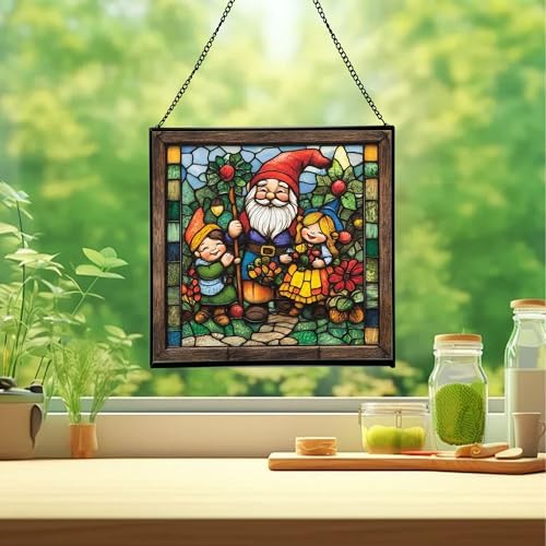 Gnome with Seasonal Celebration Stained Glass Suncatcher – Square Hanging Window Panel for Home, Garden, Nursery, Halloween, Christmas, Memorial Day – Whimsical Glass Art Gift for Gnome Lovers sfibxo - Image 2