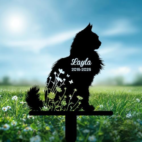Custom Longhair Cat Memorial Stake, Floral Cat Standing Grave Marker, Personalized Pet Loss Gift Metal Garden Plaque (Floral Cat Standing) - Image 4