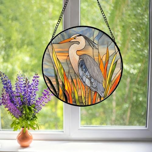 Stained Glass Window Hanging Retro Heron Bird Plant 9.8" - Suncatcher Door Garden Sunroom Sun Catcher Birthday New Year Christmas for Friend Mom Men Woman Nana - Image 2
