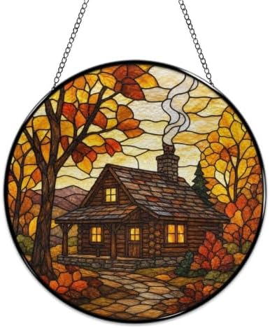 Autumn Maple Log Cabin Stained Glass Suncatcher 9.8" Colorful Window Hanging Ornament, Retro Sun Catcher Decor with Chain for Home Wall Garden Birthday Christmas Mothers Day - Image 4