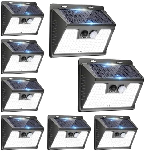 Peasur Solar Powered Lights Outdoor, 140 LED 8Pack Motion Sensor Light Outside, IP65 Waterproof Fence Security Lighting with 3 Modes for Yard Wall Garden Cool White by Peasur