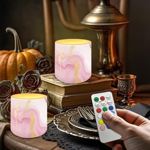 4Pcs Pink Marble Battery Operated Flameless Candles with Color Changing Timer Remote Control Flickering LED Candles for Indoor Outdoor Wedding Living Room Home Decorations - Image 3