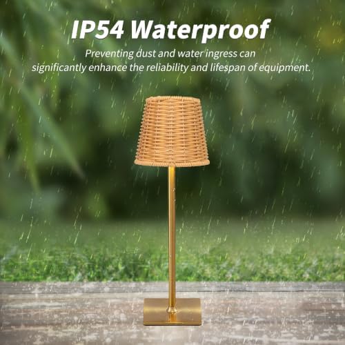 Mr.White Set of 2 Waterproof Outdoor Rechargeable Cordless Table Lamp with Wicker Shade, for Patio Restaurant Kitchen (Gold) - Image 5