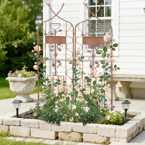LZRS 59.5 x 36in Rustic Iron Arch Decoration Garden Trellis with Metal Coating – Perfect for Supporting Climbing Plants Outdoor, Roses, Vines, Flowers, and Vegetables, Brown - Image 5