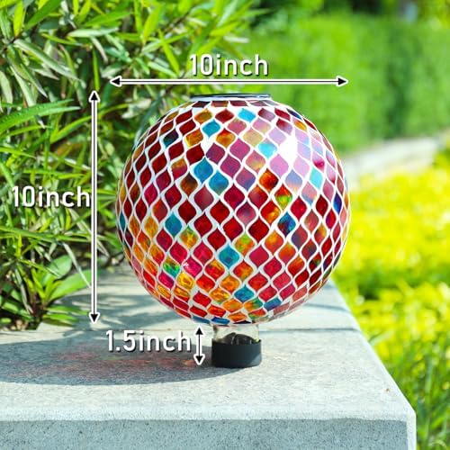 VCUTEKA Solar Gazing Ball, 10" Mosaic Glass Garden Globe Outdoor Decor, Red - Image 4