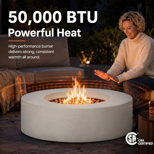 Outdoor Propane Fire Pit Table for Outside Patio, 39 Inch Concrete Fire Pit Table, Round Gas Fire Pit for Garden, Pool, Backyard, 50,000 BTU, Free Lava Rocks, Light Gray - Image 3