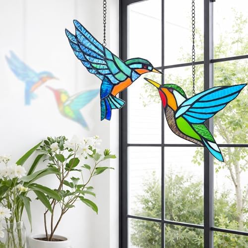 2 Packs Hummingbird Stained Glass Window,Real Handmade Stained Glass Window Hanging,Hummingbird Ornament,Suncatchers Decor for Women Mom Grandma Bird Lovers - Image 2