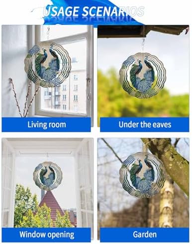 Wind Spinner 3D Stainless Steel Metal Wind Spinners Hanging Wind Spinner Vintage Colorful Peacock and Hydrangea Garden Decoration Kinetic Yard Art Ornament for Indoor Outdoor Decor, 12 Inch - Image 5