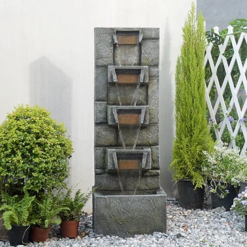 Outdoor Waterfall Fountain with LED Lights, 41” Tall Stone-Look Cascading Water Feature for Home Décor, Realistic Flowing Water Sound for Relaxation, Freestanding Indoor/Outdoor Fountain - Image 6