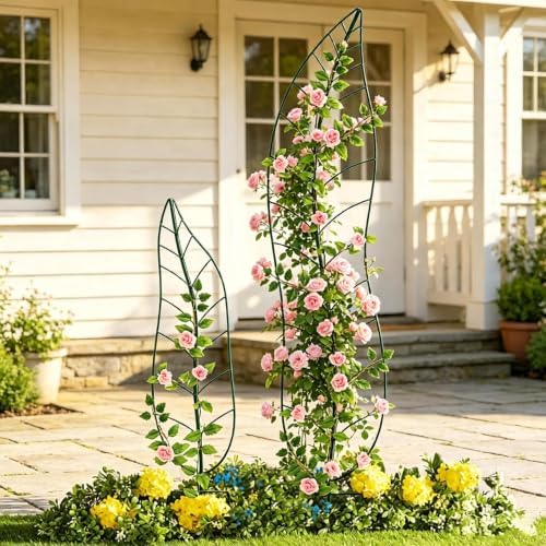 Garden Trellis Plant Support Trellis Green Leaf Trellis Garden Decoration for Climbing Vines Floral Metal Trellis Set of 2（Green） - Image 5