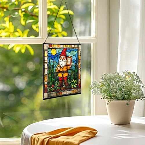 Gnome with rain Gauge Stained Glass Suncatcher – Square Hanging Window Panel for Home, Garden, Nursery, Halloween, Christmas, Memorial Day – Whimsical Glass Art Gift for Gnome Lovers pcwylf - Image 3