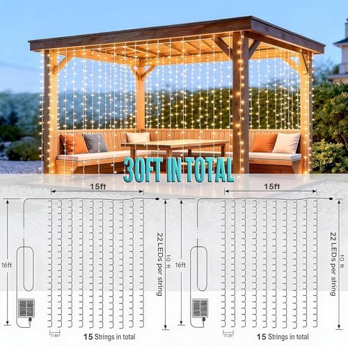 2 Pack Solar Curtain Light Outdoor, 30ft x 10ft, 660 LEDs in Total Solar Powerd String Lights Waterproof Outside for Garden Party Wedding Decór - Image 4