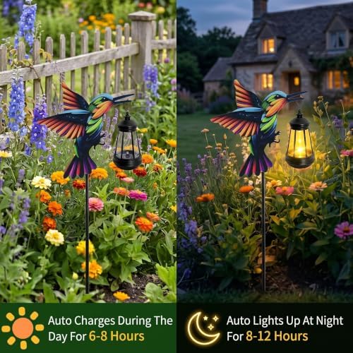 2 Pack Hummingbird Solar Garden Lights Waterproof Outdoor Metal Stakes with Solar Lantern Gifts for Women Mom Grandma Birthday for Path Yard Patio Porch Lawn (Warm White, Colorful Hummingbird) - Image 3