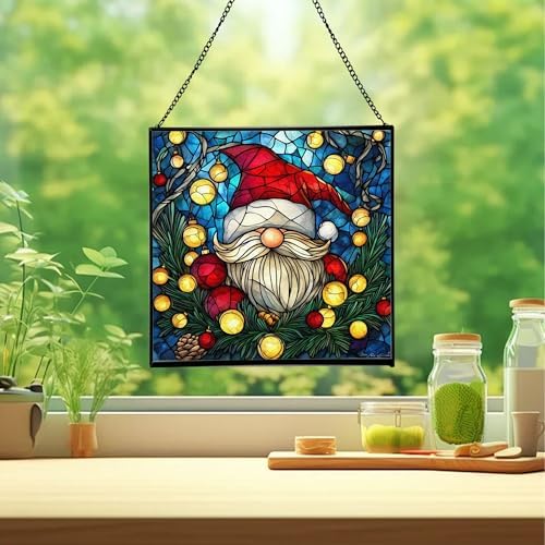 Holiday Lights Gnome Stained Glass Suncatcher – Square Hanging Window Panel for Home or Greenhouse – Whimsical Glass Art Gift for Garden Lovers, Christmas, Halloween, Father Days xzZh6D - Image 2