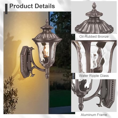 Outdoor Light Fixtures Wall Mount, Waterproof Exterior Wall Lanterns with Waer Ripple Glass, Outside Sconces, Front Porch Lights for House Garage Doorway Patio, 15'' Small Oil-Rubbed Bronze - Image 4