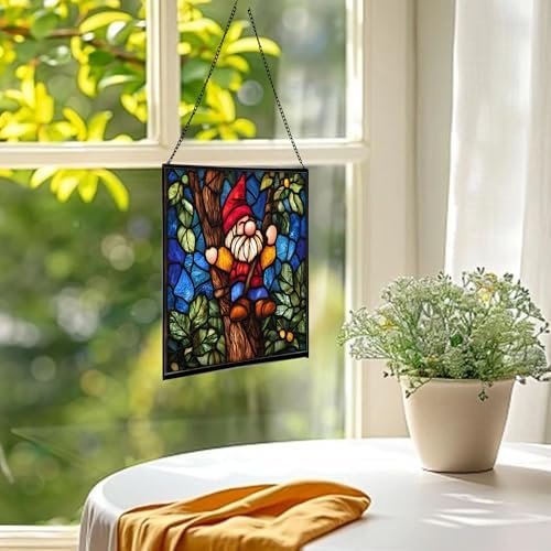 Gnome with Tree Climbing Stained Glass Suncatcher – Square Hanging Window Panel for Home, Garden, Nursery, Halloween, Christmas, Memorial Day – Whimsical Glass Art Gift for Gnome Lovers sao25y - Image 3