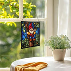 Gnome with Tree Climbing Stained Glass Suncatcher – Square Hanging Window Panel for Home, Garden, Nursery, Halloween, Christmas, Memorial Day – Whimsical Glass Art Gift for Gnome Lovers sao25y - Image 3