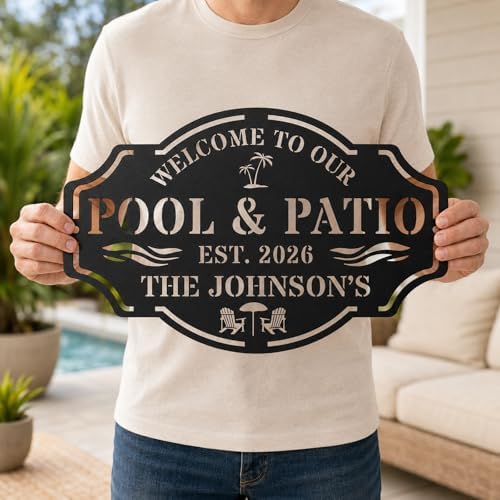 Personalized Metal Pool Sign, Custom Pool Bar Sign for Outdoor Patio Decor, Personalized Name Metal Pool & Patio Wall Art, Backyard Oasis Sign, Tropical Coastal Pool Decorations for Deck Porch Garden - Image 2
