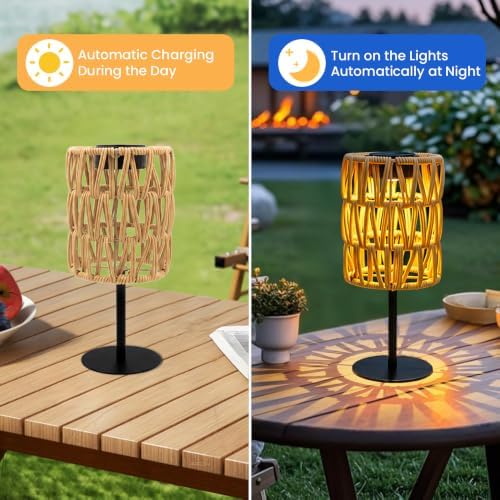 2PCS Solar Table Lamps Outdoor, Rattan Solar Lanterns Outdoor, Waterproof Wicker Lanterns Outd-oor, Rechargeable Table Top So-lar Lights LED Boho Lant-erns Out-Door for Balcony Patio Yard Lawn - Image 3