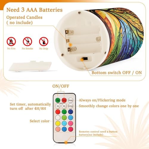 ALAZA Mysterious Tree Colorful Flameless Candles, LED Pillar Candles with Remote Timer, Battery Operated Candles Set of 2 - Image 6
