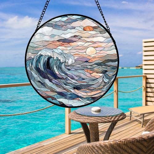 Stained Glass Window Hanging Suncatcher Sunrise Waves Gifts Decor 15" - Image 4