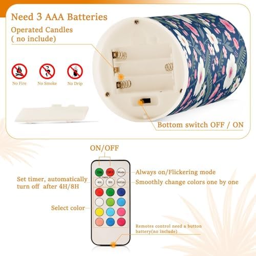 Boho Navy Blue and Pink Floral Flameless Candles with Remote Control Candles with Timer Waterproof Electronic Lights Glitter Led for Night Battery Operated Pillar 2-Piecing Set - Image 4