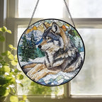 Watercolor Wolf Forest Stained Glass Window Hanging Sun Catchers Animal Trees Mountain Landscape Glass Panel Hangings Wolf Lover Gift Window Hanging Birthday Father's Day 9.9inch by Unknown