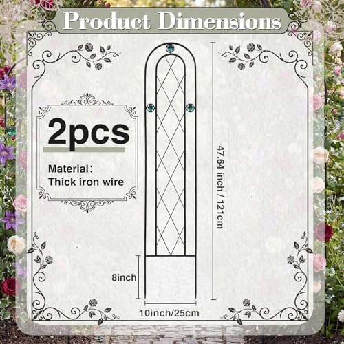 2 Pack 4' H x 10" W Metal Arched Garden Trellis for Potted Climbing Plants Outdoor Rustic Black Coating Iron Wire Lattices Grid Panels for Vine Pergola Cucumbers Vegetables Flower Support - Image 2