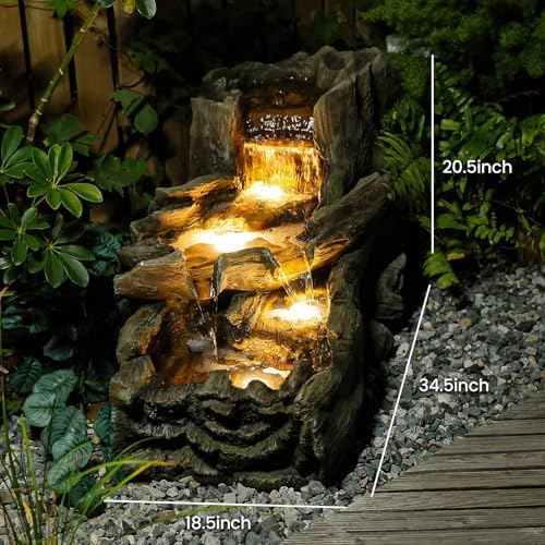 Sunlinua 35 L Wood Grain Cascading Garden Outdoor Water Fountain with LED - Image 5