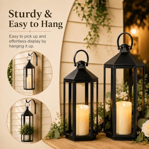 Black Decorative Metal Lanterns Indoor Outdoor, 19" 17" Tall - Image 3