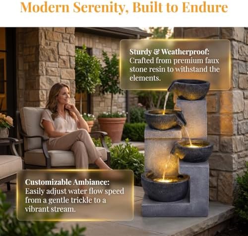 20.87" 4-Tier Outdoor Water Fountain with LED Lights, Gray Resin - Image 4