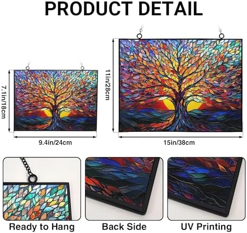 Rectangle Tree of Life Stained Glass Window Hanging Window Suncatcher Glass Panel with Metal Chain Sun Catchers Wall Art Home Decor Gift for Women Mother's Day - Image 3