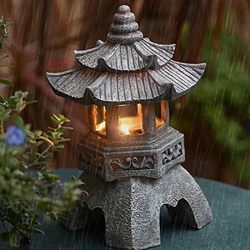 Pagoda Asian Decor Garden Statue with Solar Garden Light - Imitation Stone Pagoda Lantern Outdoor Zen Figurine, Resin (Color : Gray, Size : 5.5" x 5.5" x 10.2") - Image 5