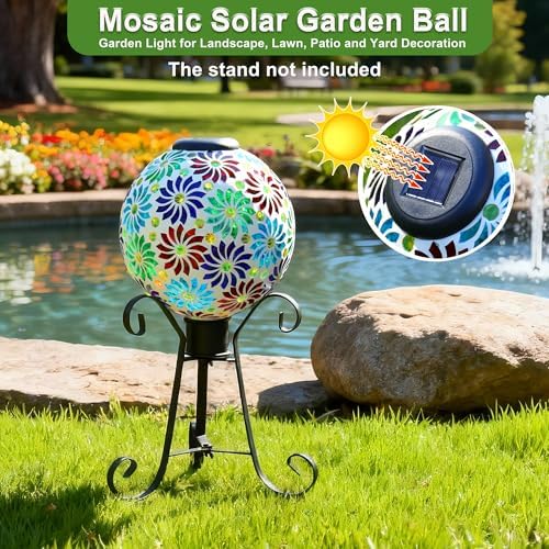 SAVENNA Mosaic Solar Gazing Ball 10 Inch,Glass Garden Globe with Auto On/Off for Yard, Lawn & Outdoor Decor,Multi-Color - Image 3