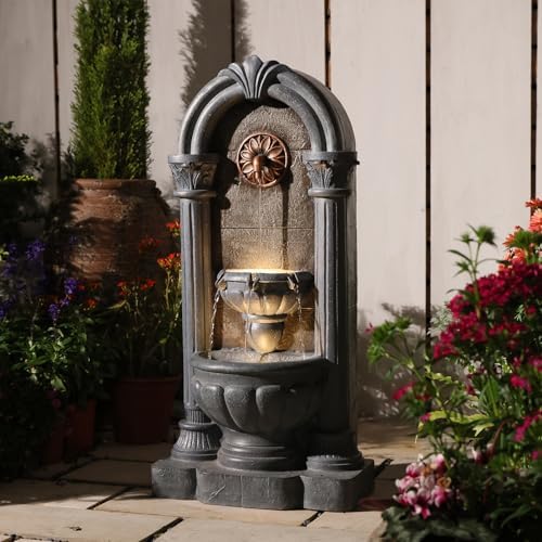 33.36" Outdoor Wall Fountain with LED Lights, Flat Back Water Fountain Outdoor Freestanding, Cascading Waterfall Feature for Patio Backyard Yard Garden Porch Courtyard - Image 3