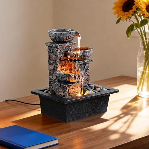Kalona Tabletop Waterfall Fountain 3 Bowls with LED Light, Soothing Water Flow Sound, Zen Meditation Decor for Home and Office, Relaxation Water Fountains Indoor (23113) - Image 5
