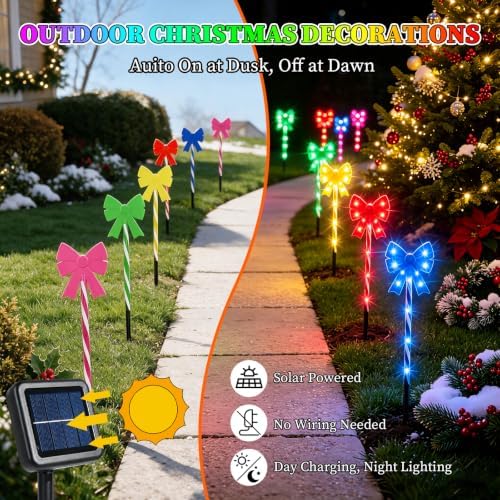 Solar 5PCS Christmas Bow 50LED Outdoor String Lights with Stakes Multicolor - Image 2