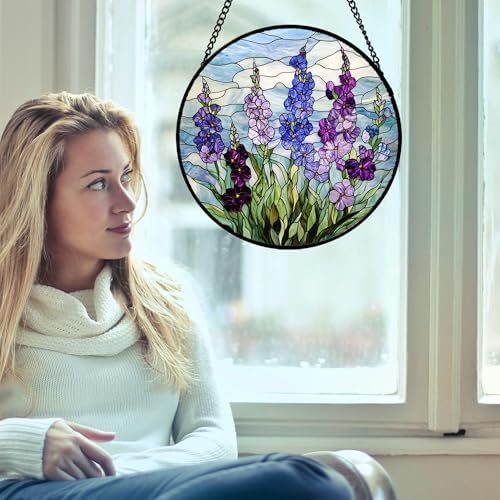 Stained Glass Window Hanging - Blue Purple Delphinium Suncatcher for Door Garden Home Decor Birth Flower Sun Catcher Birthday for Friend Lovers Women Mom Nana 15 in - Image 3