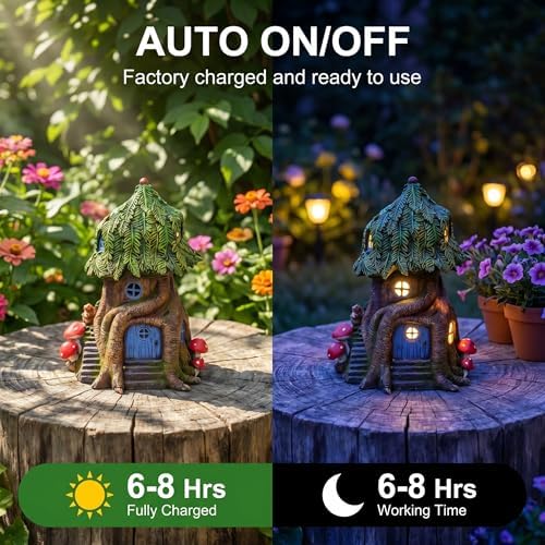 COWOS Solar Light Fairy Tree House, Fairy Garden House Statues, Tree House Figurines with Solar Light for Indoor Outdoor Art Decorations, Patio Yard Lawn Ornaments Gift - Image 4