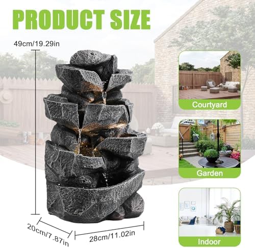 Cascading Rock Water Fountain with LED Lights for Outdoors, Garden Waterfall Fountain Decor - Patio, Backyard, Porch Resin Water Feature with Soothing Sounds for Home Art Decor (B) - Image 2