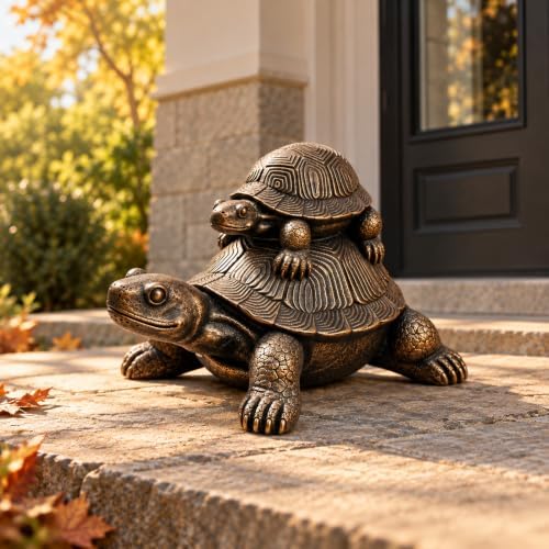 19" Bronze Resin Turtle Statue, Mother Baby Tortoise Yard Garden Decor by Guioiby