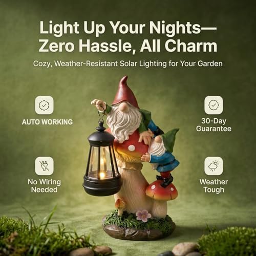 Solar Gnome Garden Statue with Mushroom Lights for Outdoor, Waterproof Garden Gnomes Decor for Yard Lawn Balcony, Cute Gnome Figurine Lights for Patio Decor, Ideal Gift for Garden Lovers & Homeowners - Image 2