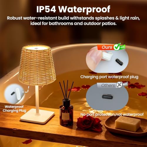 Waterproof Outdoor Rechargeable Cordless Table Lamp with Wicker Shade, Battery Operated Portable Table Light with Adjustable Height Pole, for Patio Restaurant Kitchen Dinner (White) - Image 3