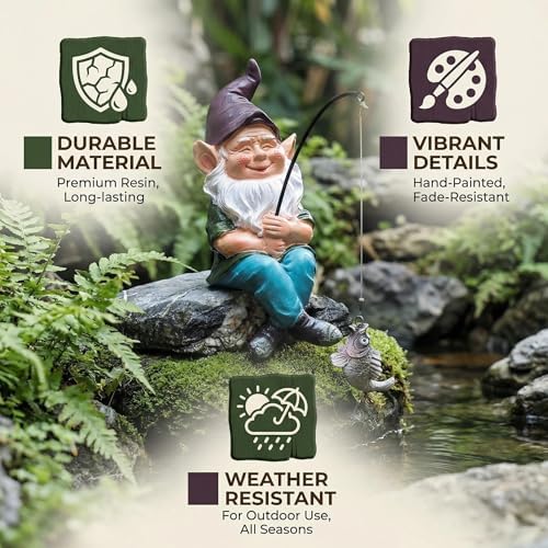 Gnomes Decoration for Yard Outdoor Garden Decor 9.7 Inch Tall Fishing Gnome Statue for Koi Pond, Waterfalls or Poolside Ornaments, Fisher Guy Outdoor Statues, Gift for Mom & Women - Image 6