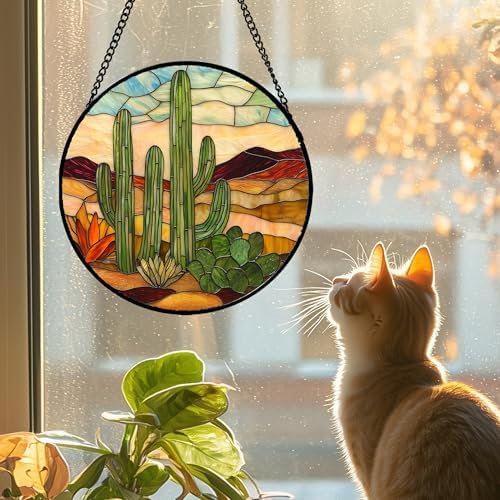 Stained Glass Window Hanging, Green Cactus Sun Catcher for Door Terrace Garden Home Decor, Abstract Desert Landscape Suncatcher Birthday Gifts for Lovers Women Men Dad Mom Nana 11.8 in - Image 6